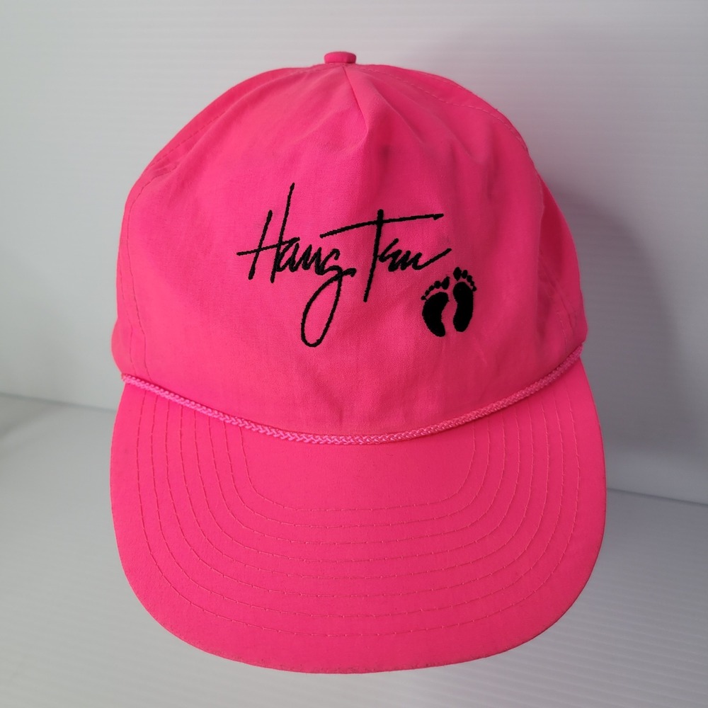 Vintage Hang Ten Neon Pink Nylon Rope Hat Snapback Surf Skate Trucker Cap 80 90s